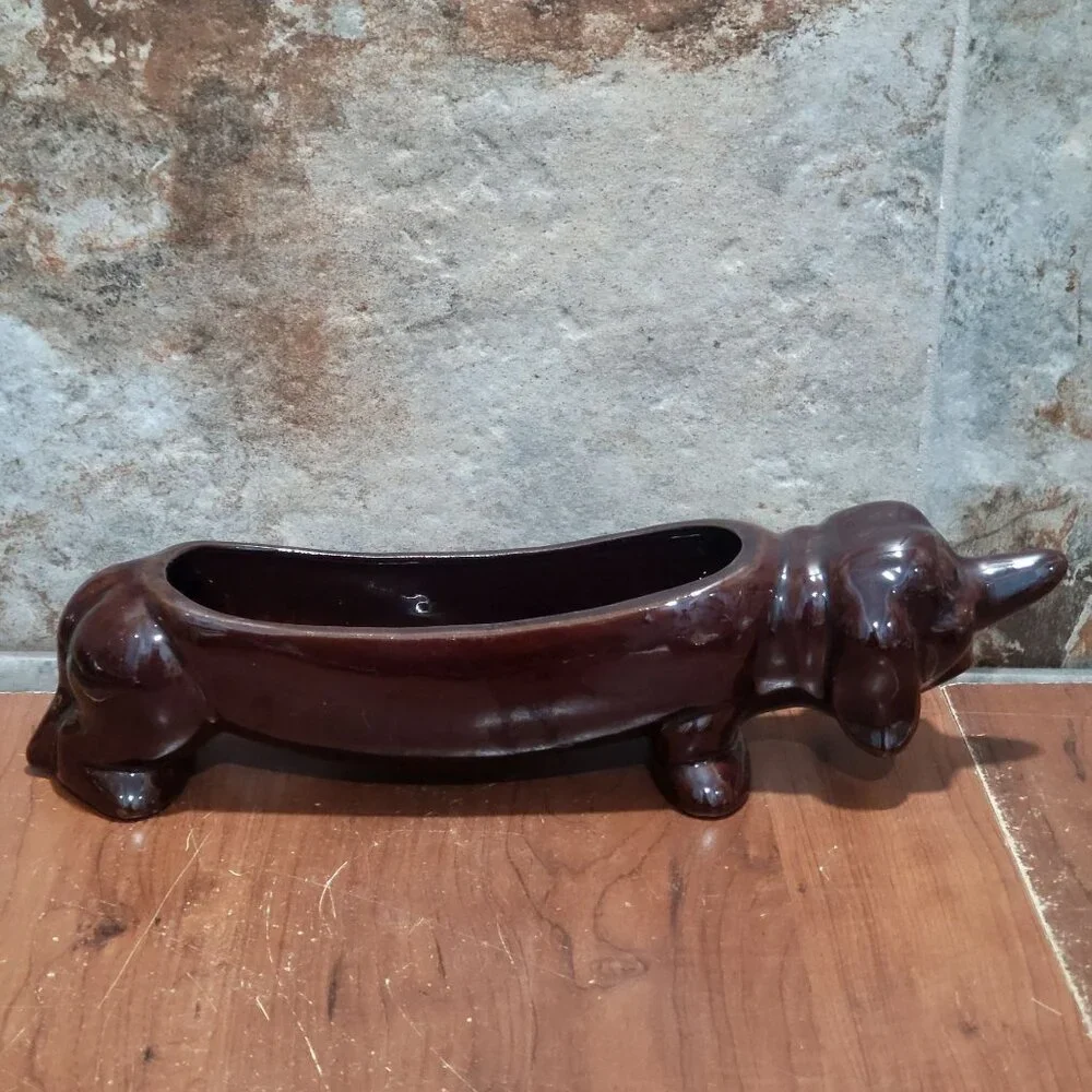 Vintage Dachshund Dog Ceramic Cracker Tray Planter Brown Glazed